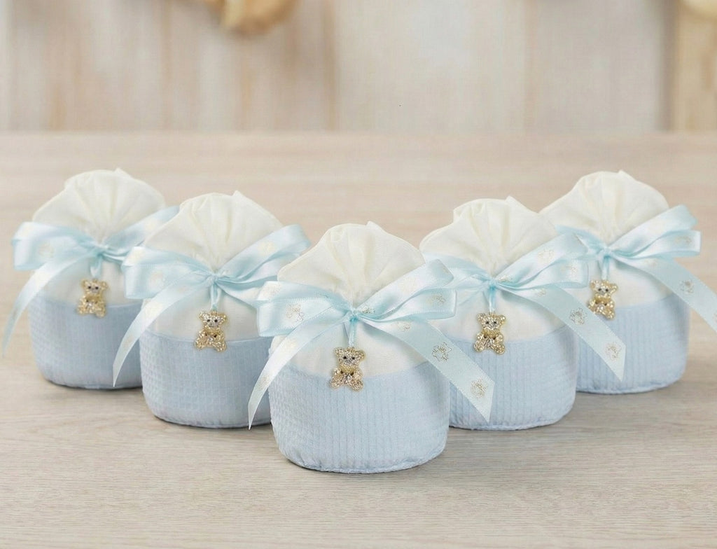 Set sacchetto bicolor porta confetti da 5 pz con orsetto bomboniera per nascita, battesimo, Harmony S3211A