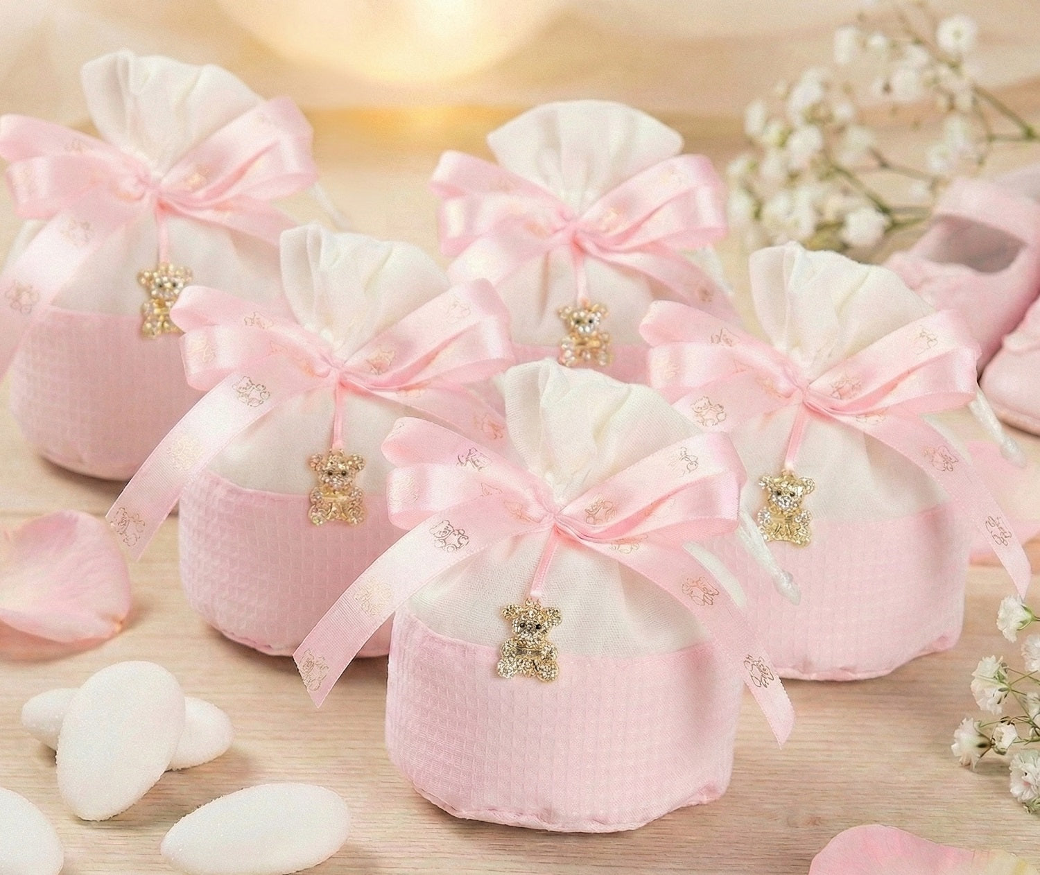 Set sacchetto bicolor porta confetti da 5 pz con orsetto bomboniera per nascita, battesimo, Harmony S3212A