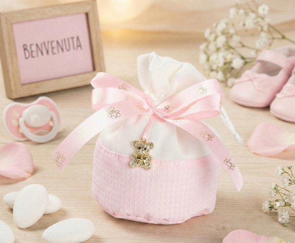 Set sacchetto bicolor porta confetti da 5 pz con orsetto bomboniera per nascita, battesimo, Harmony S3212A