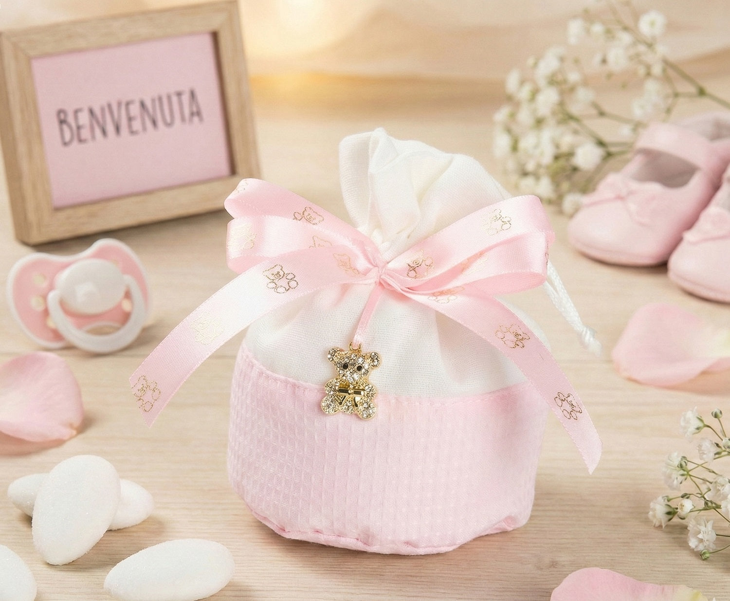 Set sacchetto bicolor porta confetti da 5 pz con orsetto bomboniera per nascita, battesimo, Harmony S3212A
