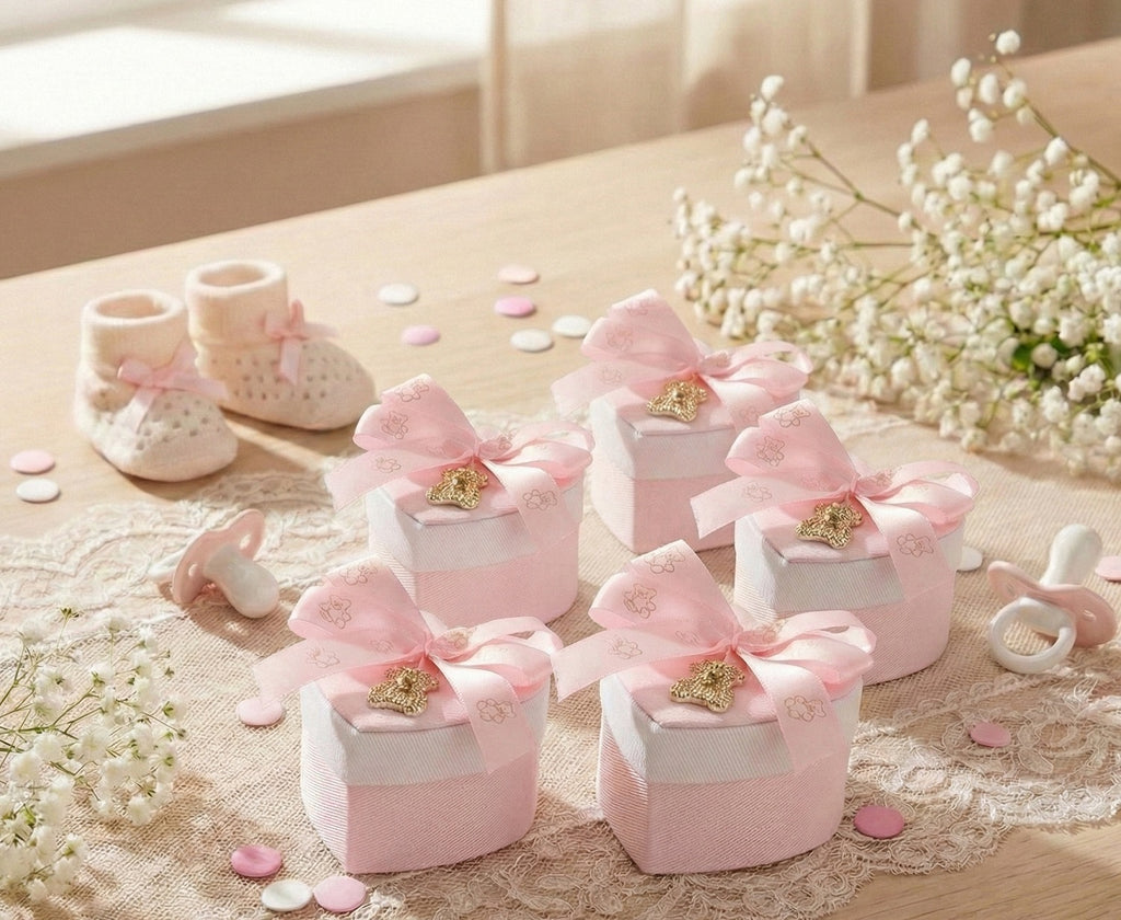 Set scatolina cuore bicolor porta confetti da 5 pz con orsetto bomboniera per nascita, battesimo, Harmony S3214A