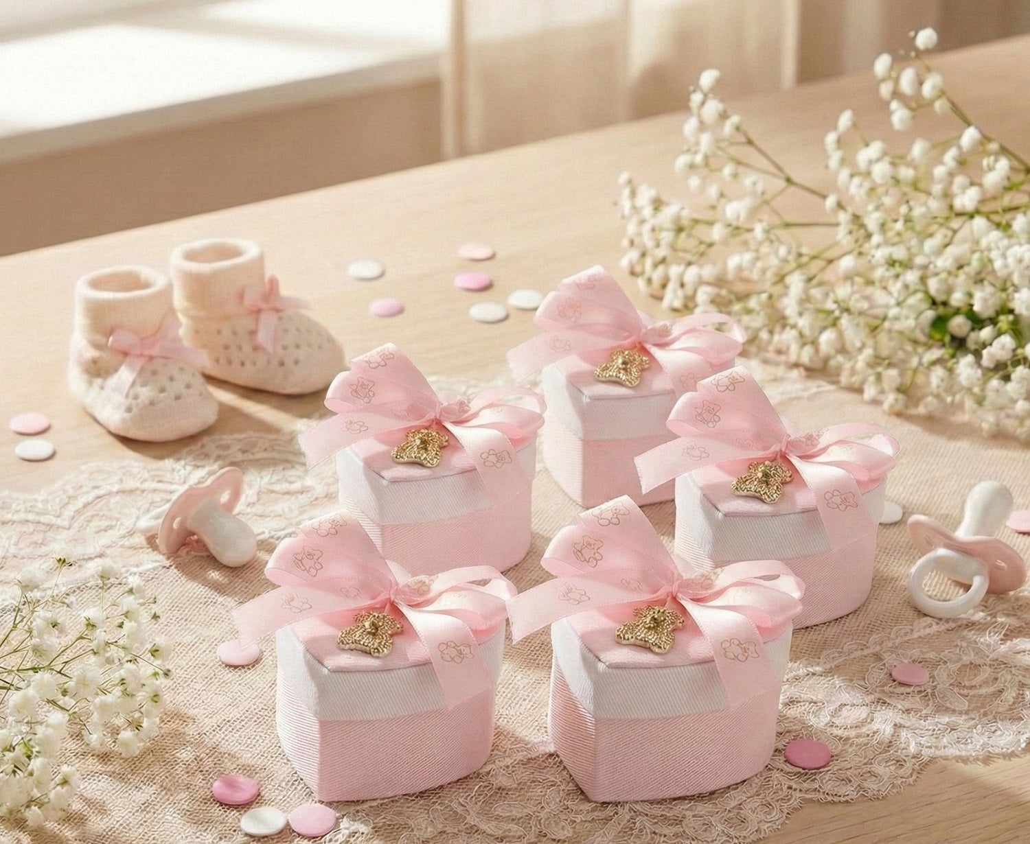 Set scatolina cuore bicolor porta confetti da 5 pz con orsetto bomboniera per nascita, battesimo, Harmony S3214A