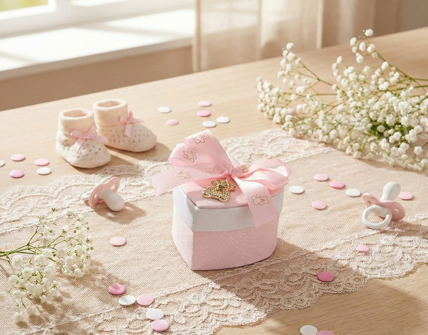 Set scatolina cuore bicolor porta confetti da 5 pz con orsetto bomboniera per nascita, battesimo, Harmony S3214A