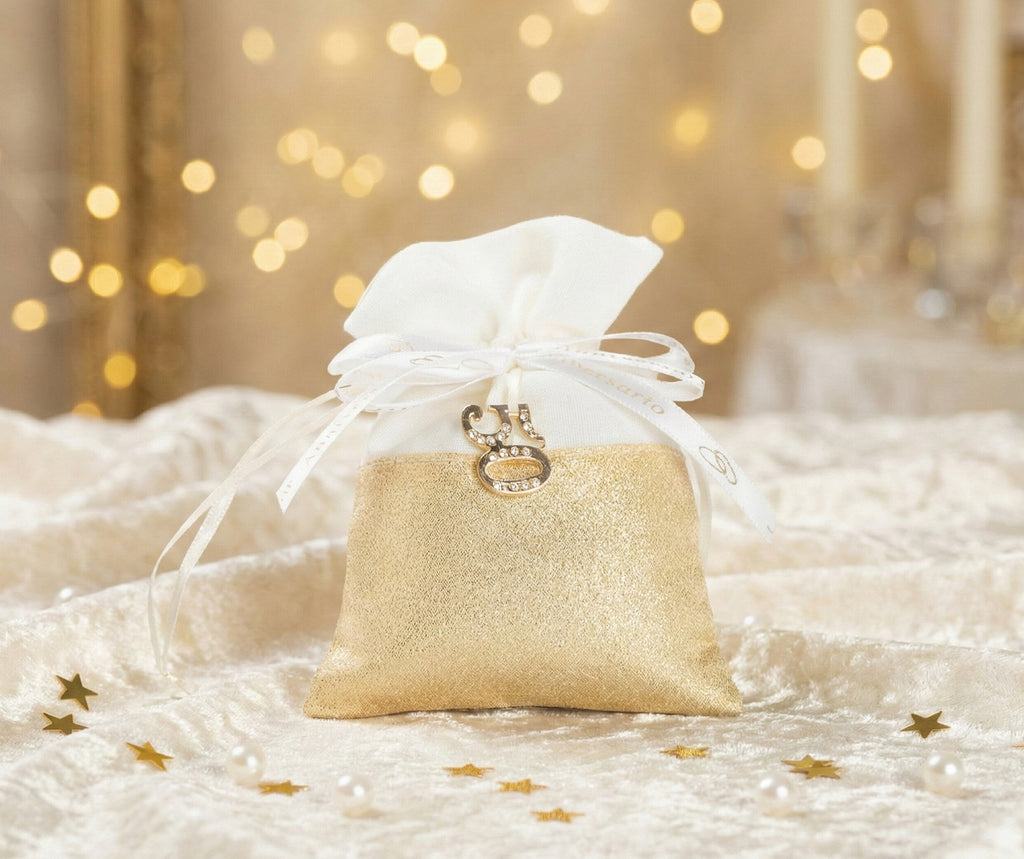 Set sacchetto bianco e oro porta confetti da 5 pz bomboniera per nozze d'oro, cinquantesimo, Harmony S3224A