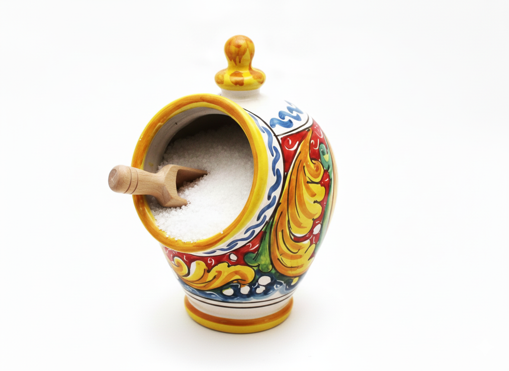 Ceramic salt cellar hand decorated by Sicilian ceramists red flower art 15