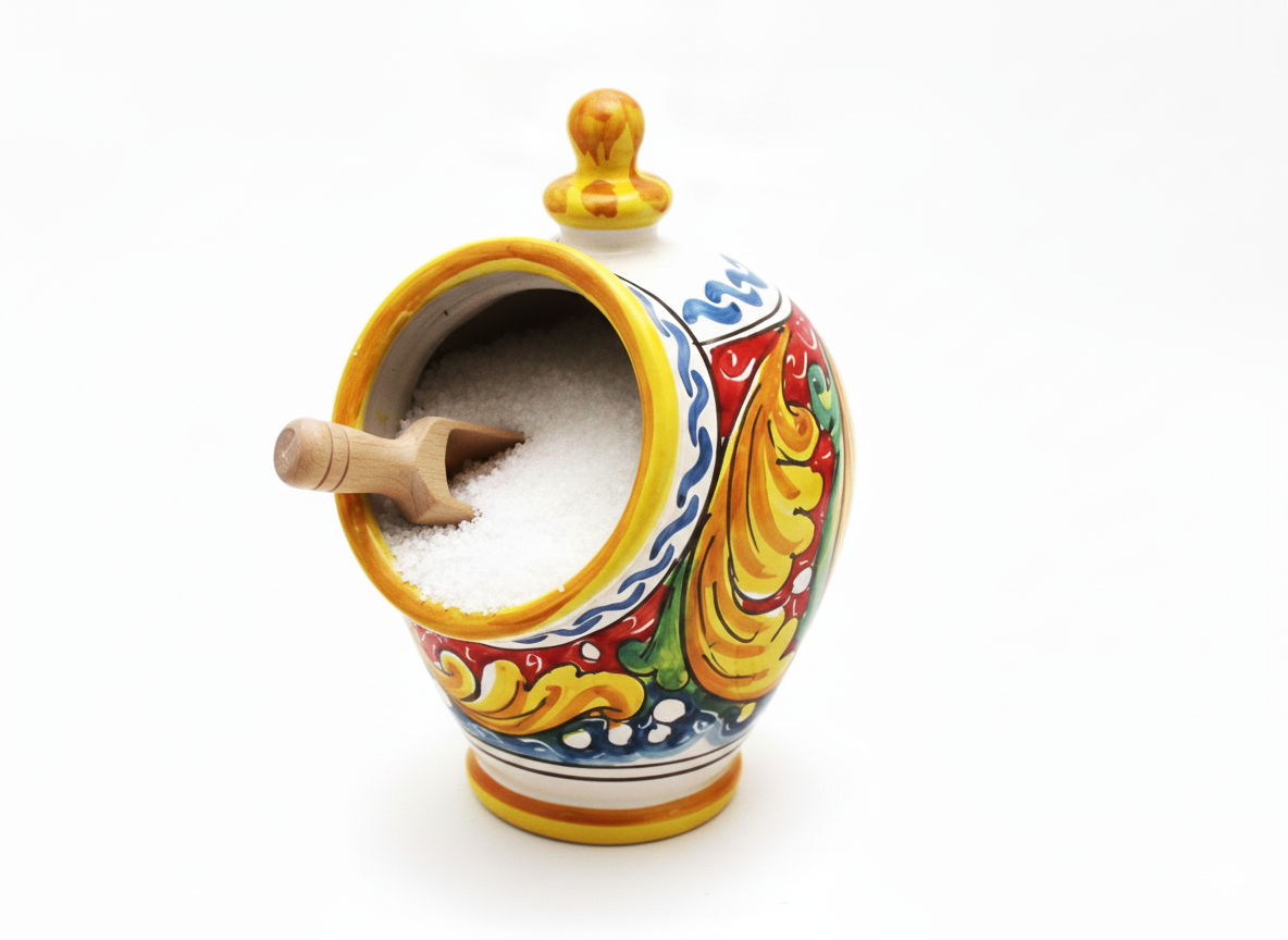 Ceramic salt cellar hand decorated by Sicilian ceramists red flower art 15