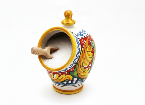 Saliera in ceramica decorata a mano da ceramisti siciliani fiore rosso art 15