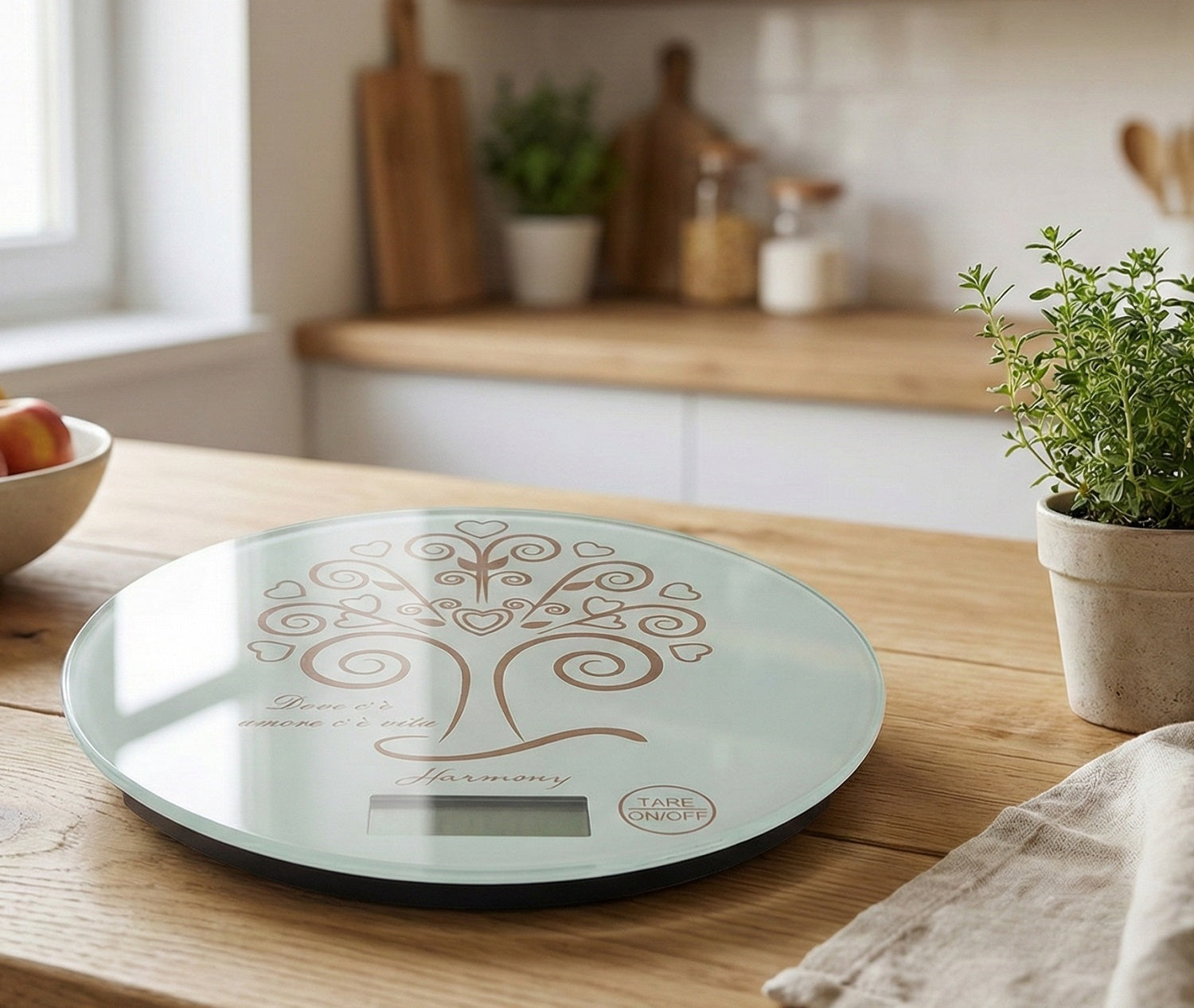 Bomboniera matrimonio bilancia da cucina rotonda con decoro albero della vita harmony SNVT22178