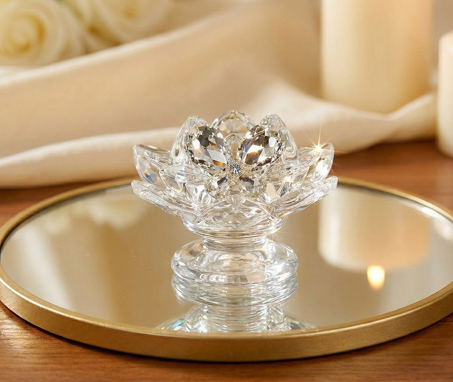 Bomboniera matrimonio portacandela fiore di loto in vetro con decorazione farfalla in cristallo harmony SNVT23267