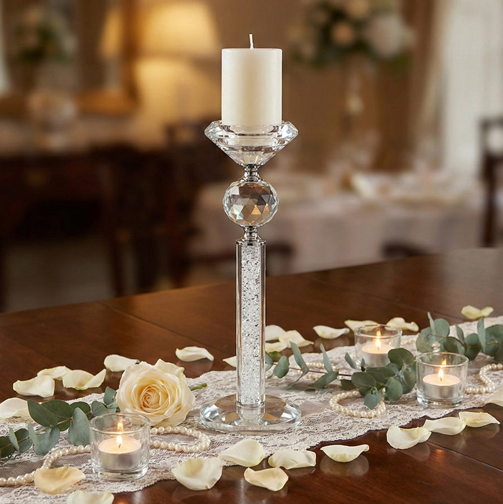 Bomboniera matrimonio set da due porta candele in cristallo decorati con glitter bianco harmony SNVT24027