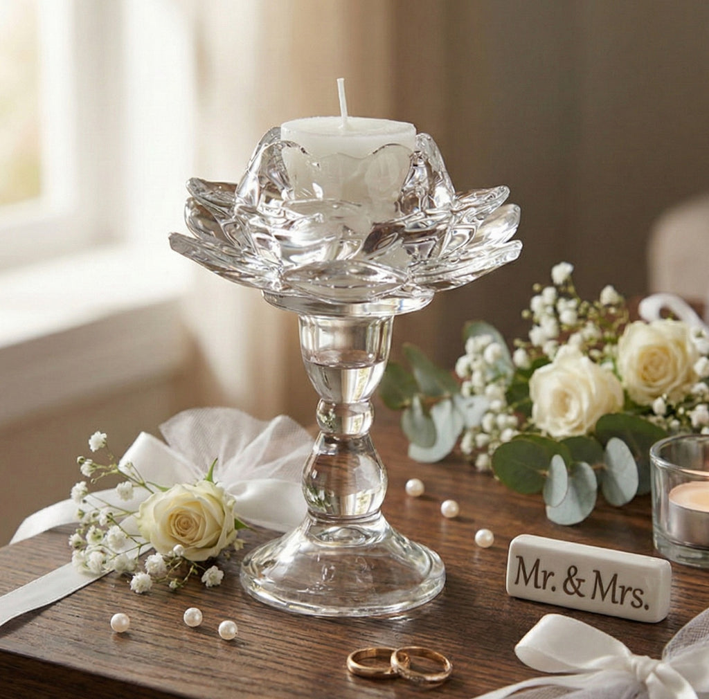 Bomboniera matrimonio elegante porta candela in vetro fiotre di loto harmony SNVT24104
