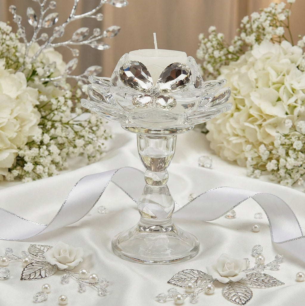 Bomboniera matrimonio elegante porta candela fiore di loto in vetro decorato con farfalla harmony SNVT24212