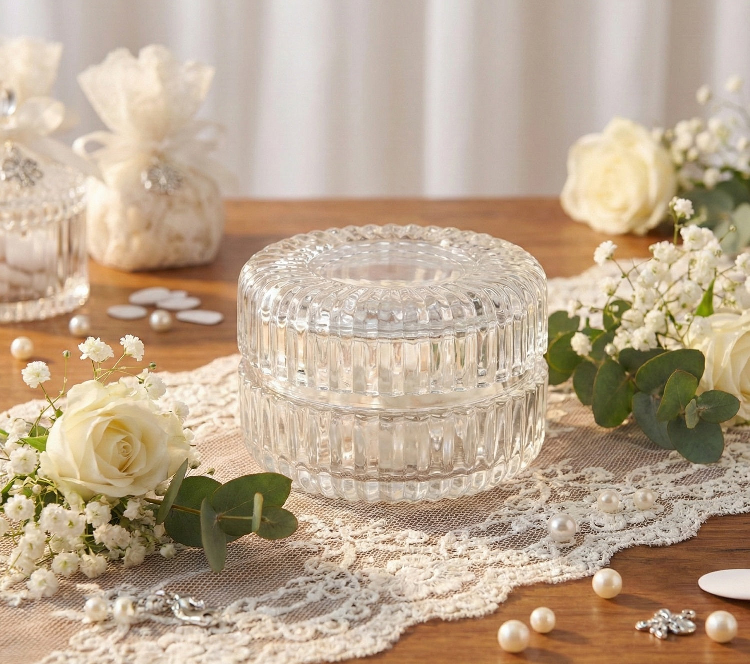 Scatolina in vetro tonda con righe bomboniera per matrimonio, comunione, cresima, Harmony SNVT25037
