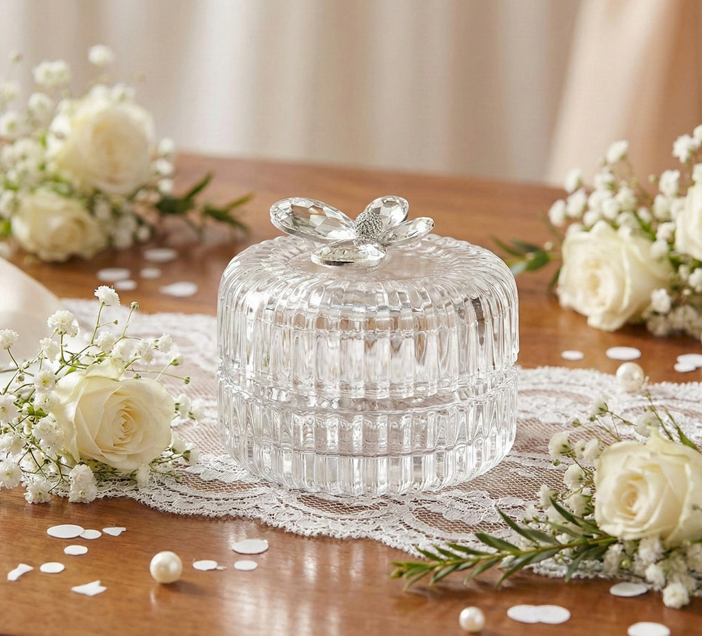 Scatolina in vetro tonda con righe farfalla in cristallo bomboniera per matrimonio, comunione, cresima, Harmony SNVT25038
