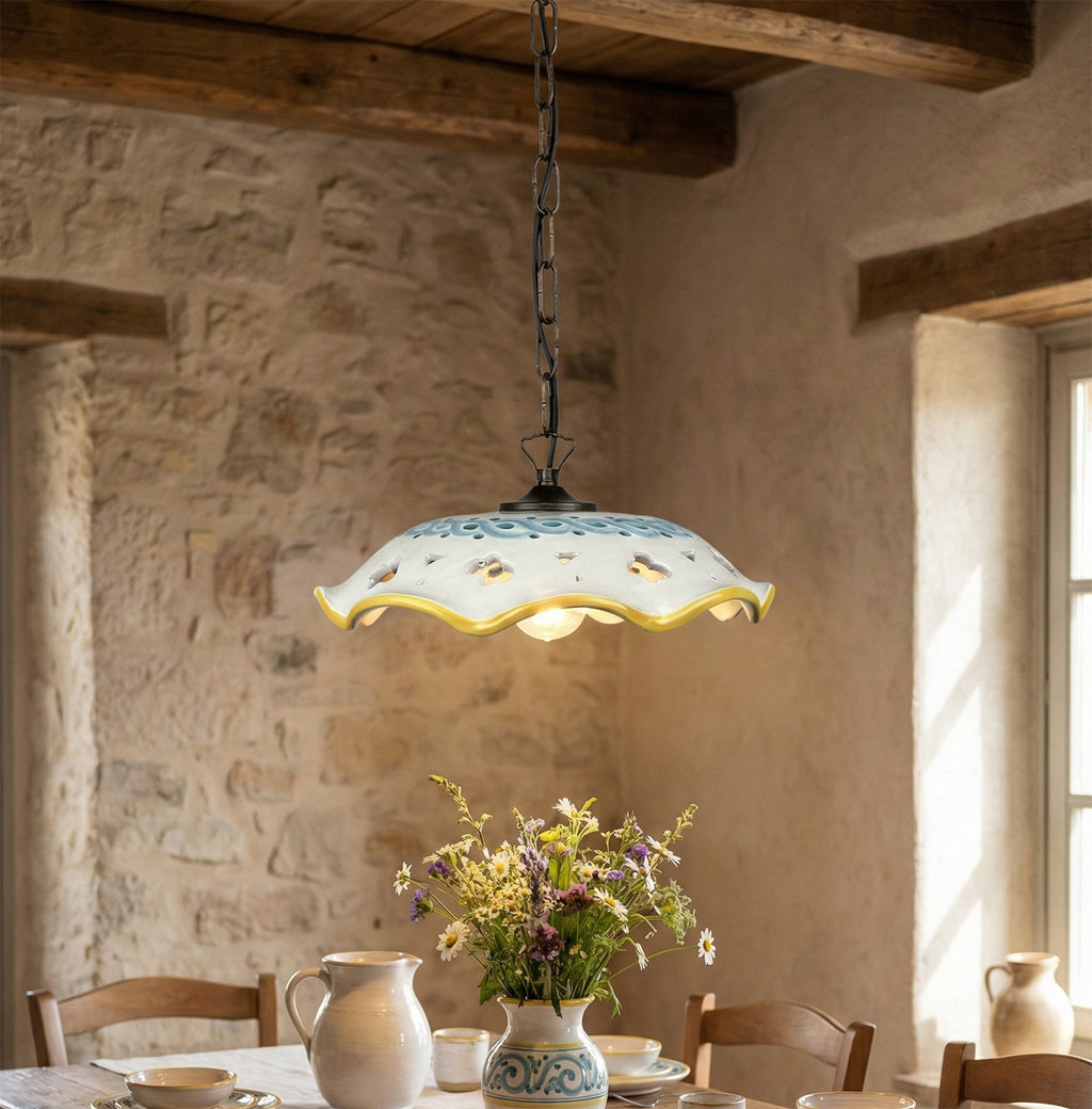 Lampadario a sospensione 1 luce con catena e ceramica realizzata e decorata artigianalmente coll. gomes