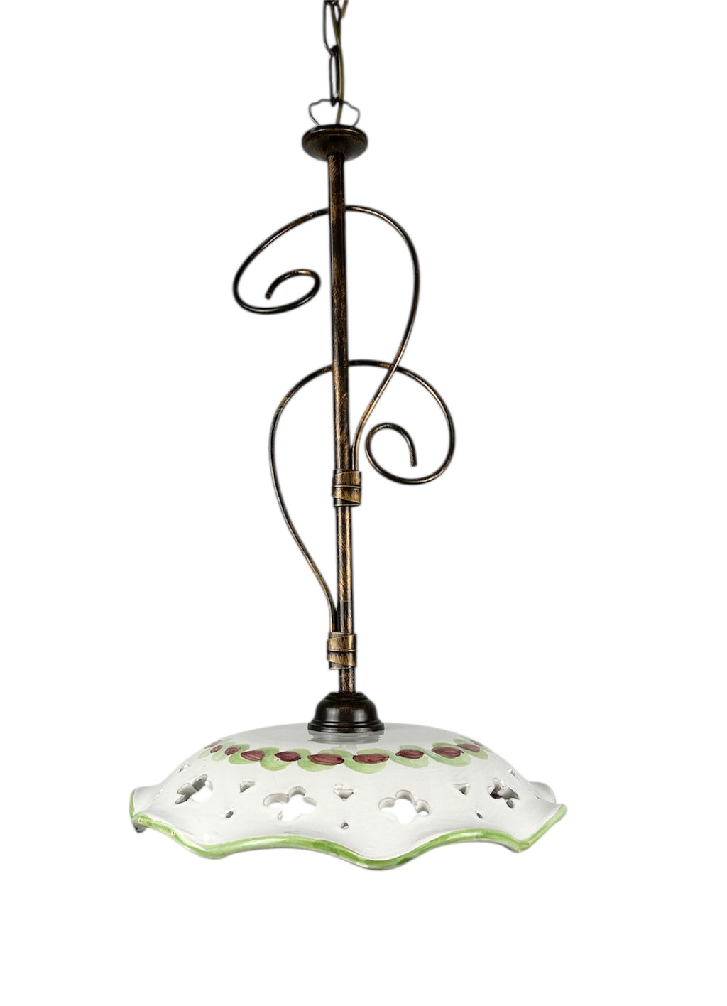 Lampadario a sospensione 1 luce rustico in ferro battuto e ceramica realizzato e decorato artigianalmente ingresso cucina coll. melograno