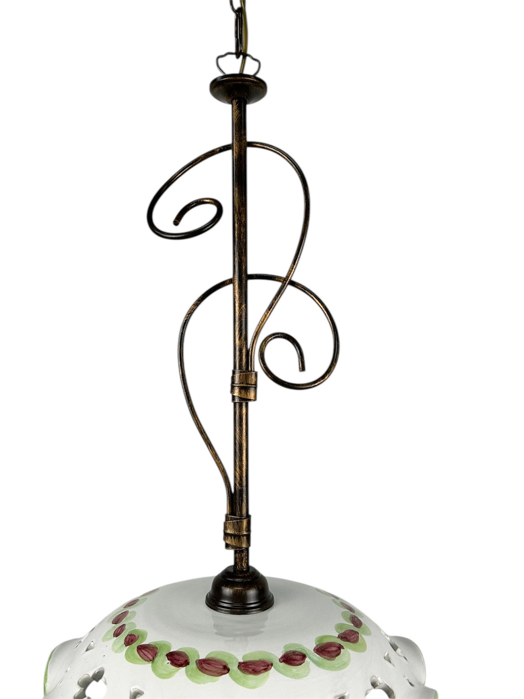 Lampadario a sospensione 1 luce rustico in ferro battuto e ceramica realizzato e decorato artigianalmente ingresso cucina coll. melograno