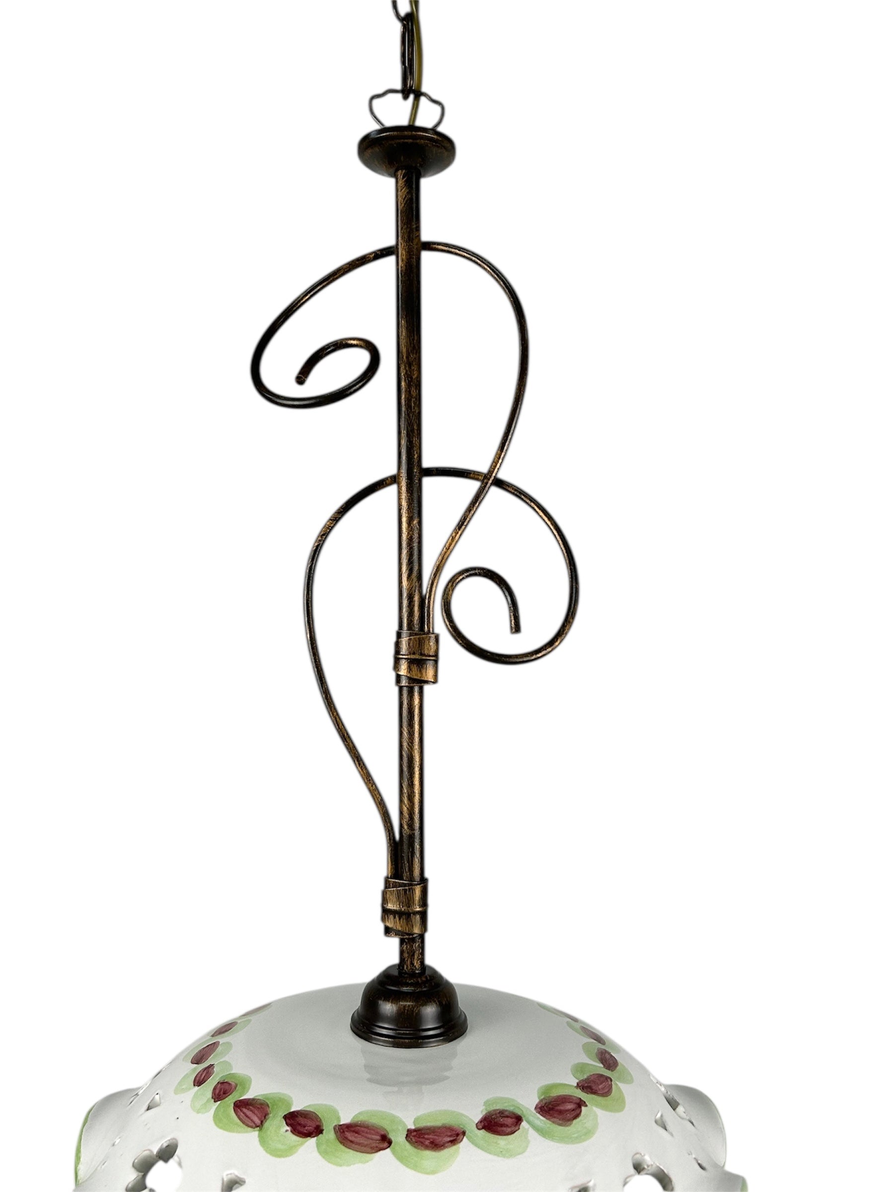 Lampadario a sospensione 1 luce rustico in ferro battuto e ceramica realizzato e decorato artigianalmente ingresso cucina coll. melograno