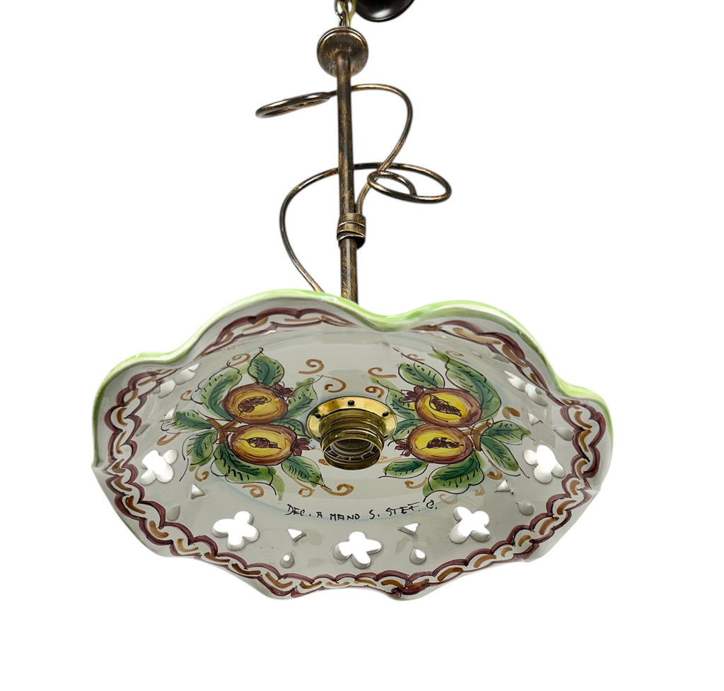 Lampadario a sospensione 1 luce rustico in ferro battuto e ceramica realizzato e decorato artigianalmente ingresso cucina coll. melograno