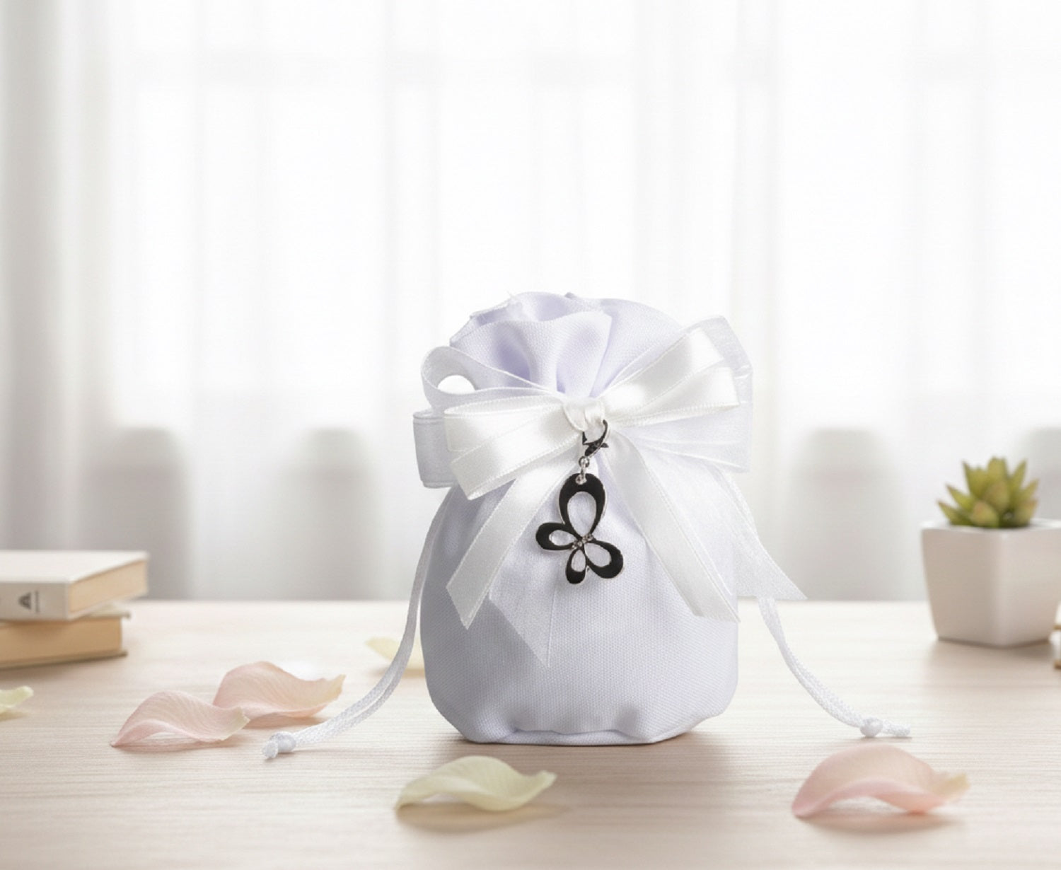 Set sacchetto porta confetti da 5 pz con farfalla bomboniera per matrimonio, comunione, cresima, Harmony STMT25253