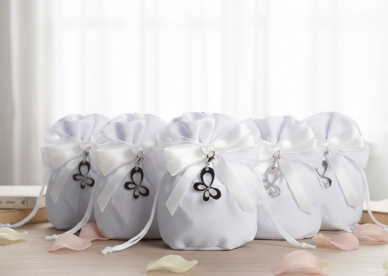 Set sacchetto porta confetti da 5 pz con farfalla bomboniera per matrimonio, comunione, cresima, Harmony STMT25253