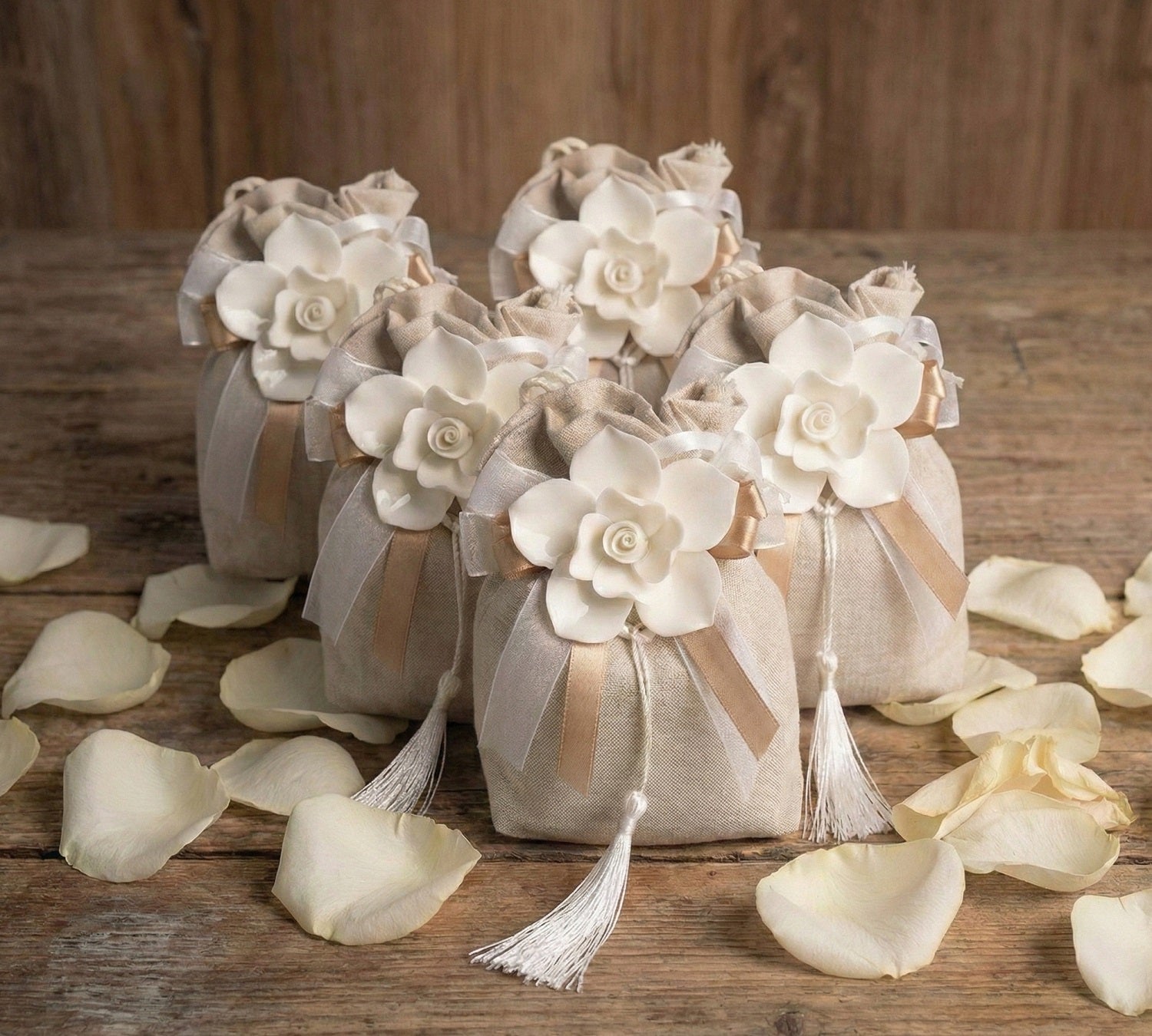 Set sacchetto porta confetti da 5 pz con rosa bomboniera per matrimonio, comunione, cresima, Harmony