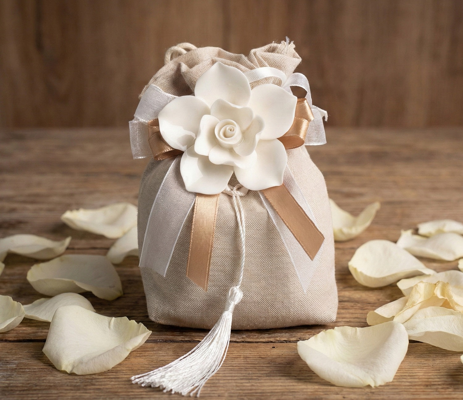 Set sacchetto porta confetti da 5 pz con rosa bomboniera per matrimonio, comunione, cresima, Harmony