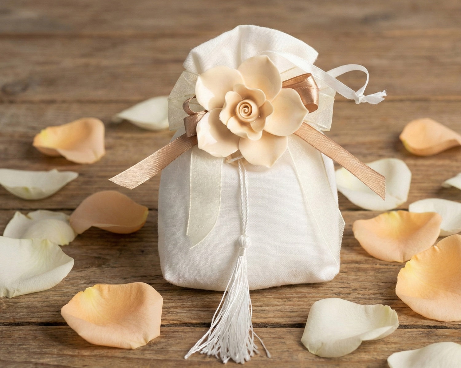 Set sacchetto porta confetti da 5 pz con rosa bomboniera per matrimonio, comunione, cresima, Harmony