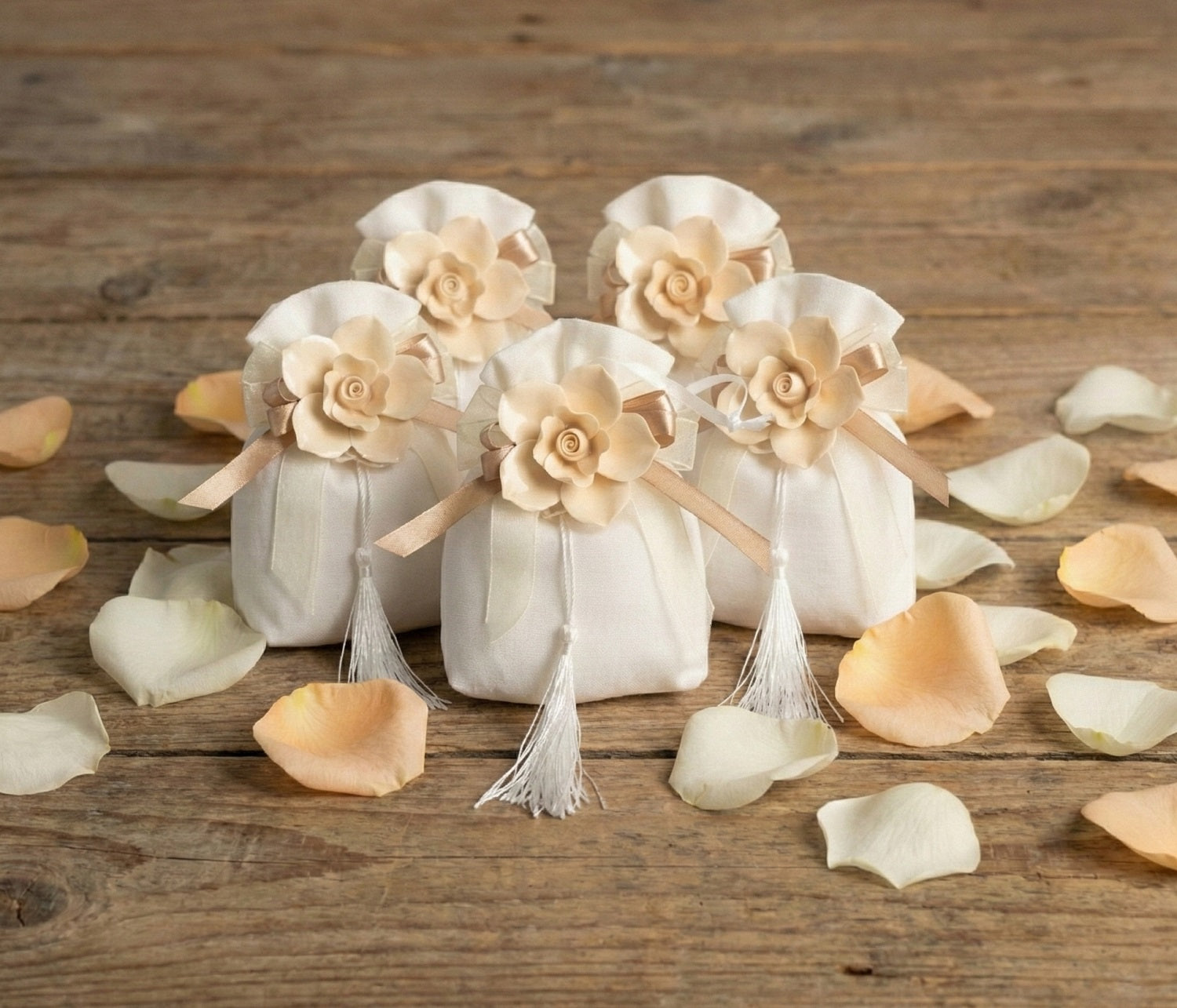 Set sacchetto porta confetti da 5 pz con rosa bomboniera per matrimonio, comunione, cresima, Harmony