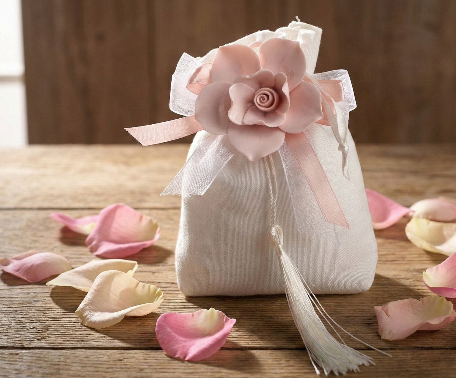 Set sacchetto porta confetti da 5 pz con rosa bomboniera per matrimonio, comunione, cresima, Harmony