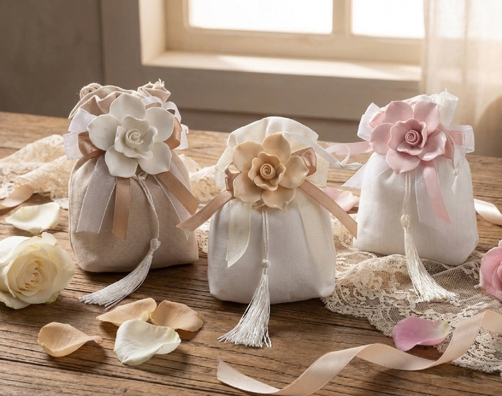 Set sacchetto porta confetti da 5 pz con rosa bomboniera per matrimonio, comunione, cresima, Harmony