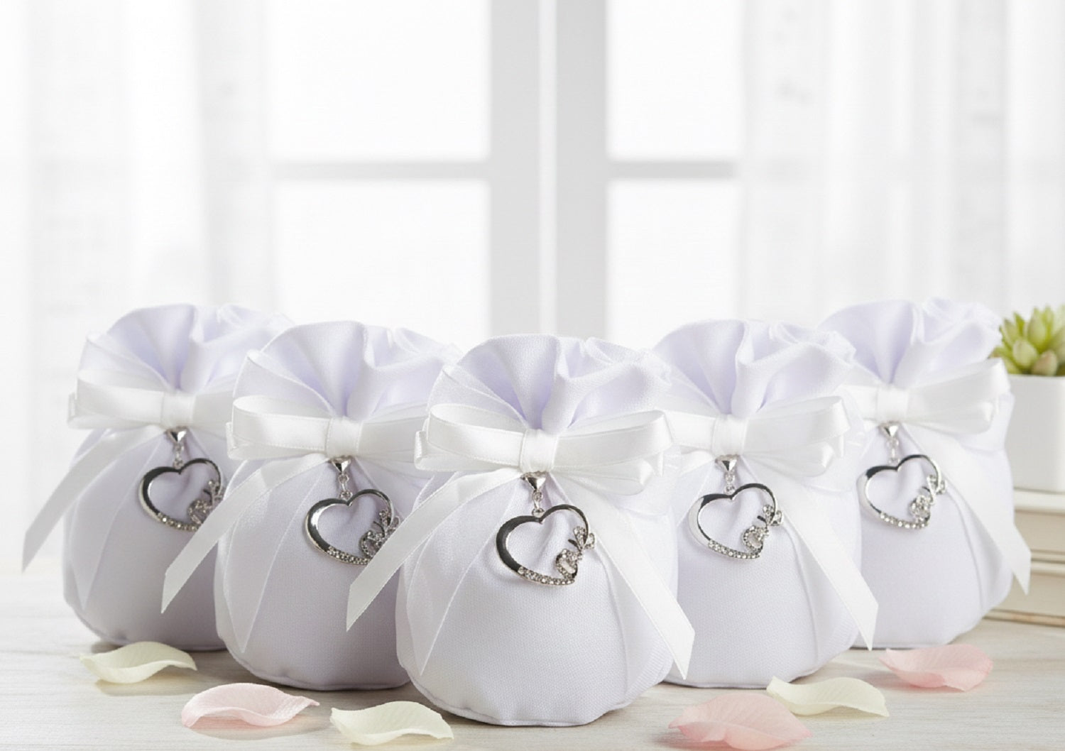 Set sacchetto porta confetti da 5 pz con cuore bomboniera per matrimonio, comunione, cresima, Harmony STMT25262