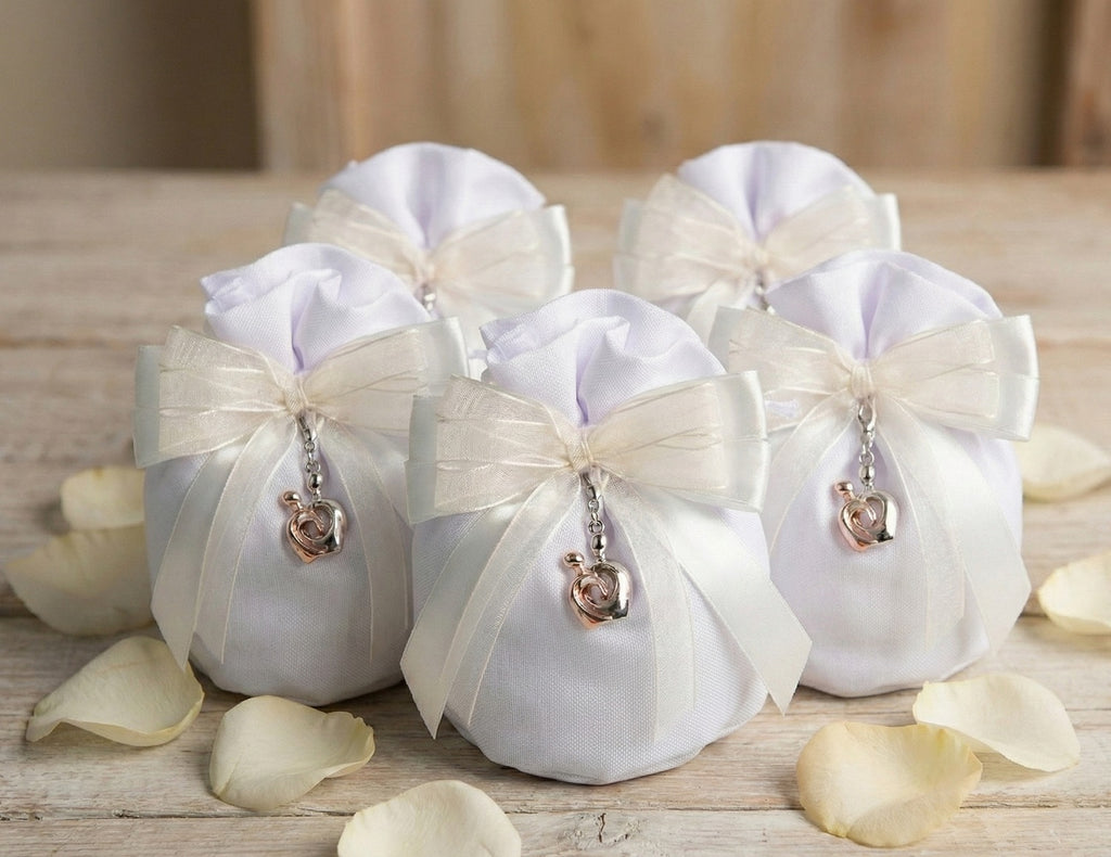 Set sacchetto bianco porta confetti da 5 pz bomboniera per matrimonio, ricorrenze, Harmony STMT25264