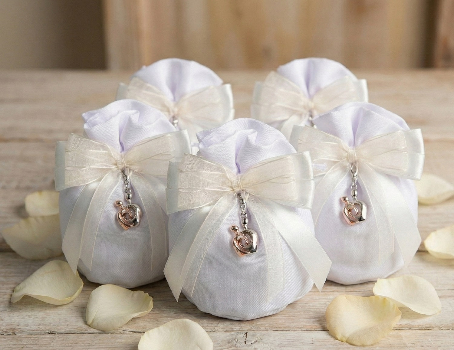 Set sacchetto bianco porta confetti da 5 pz bomboniera per matrimonio, ricorrenze, Harmony STMT25264