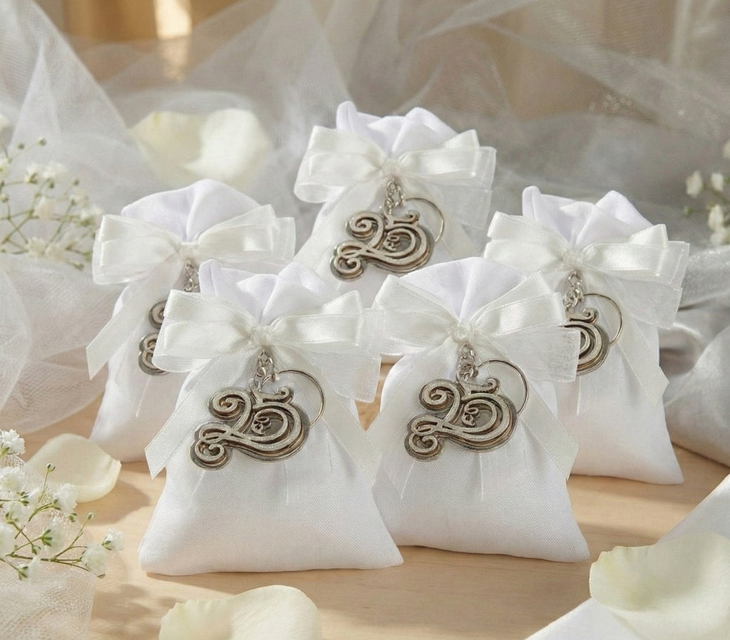 Set sacchetto porta confetti da 5 pz bomboniera per nozze d'argento, venticinquesimo, Harmony STMT26127