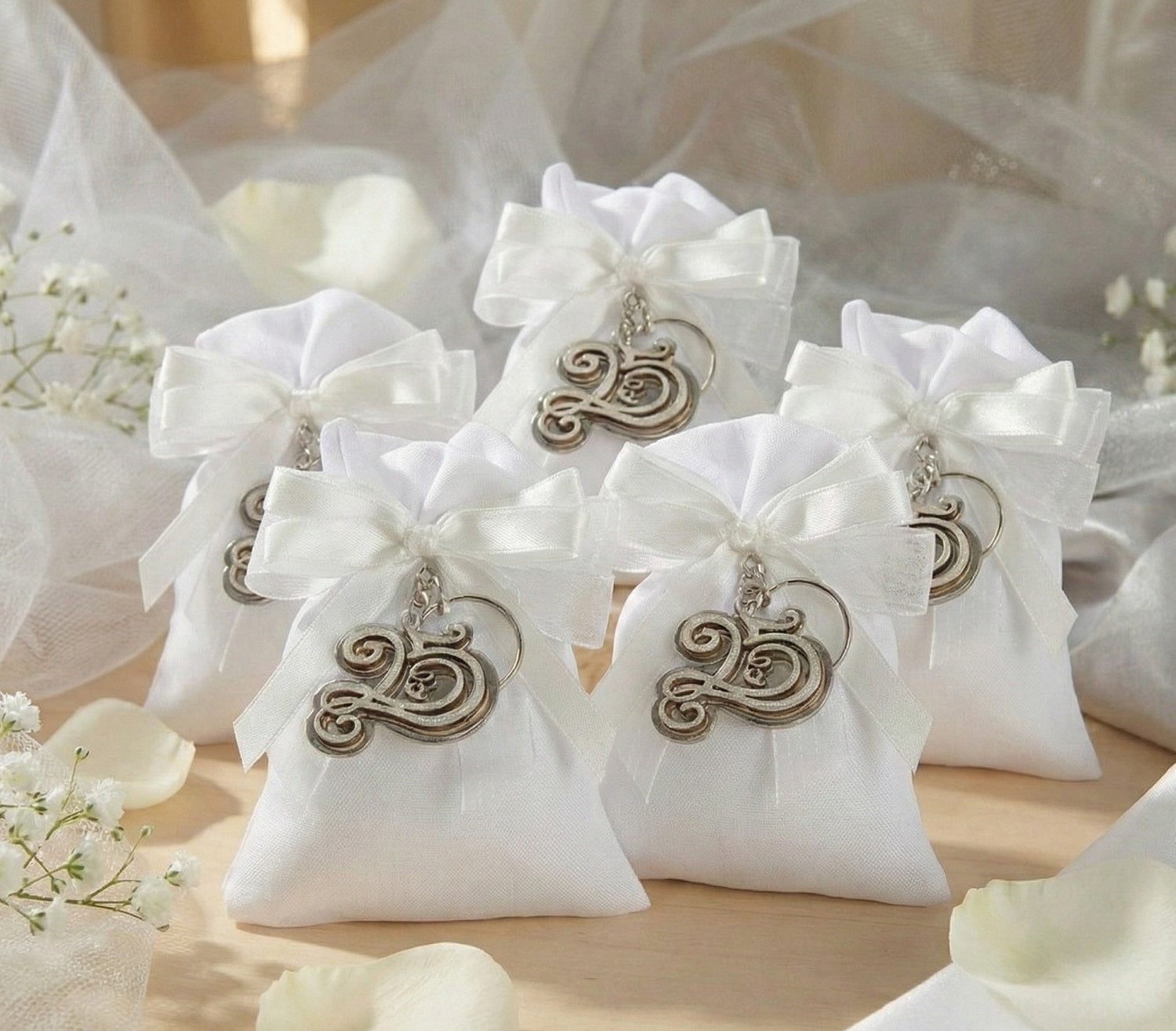 Set sacchetto porta confetti da 5 pz bomboniera per nozze d'argento, venticinquesimo, Harmony STMT26127