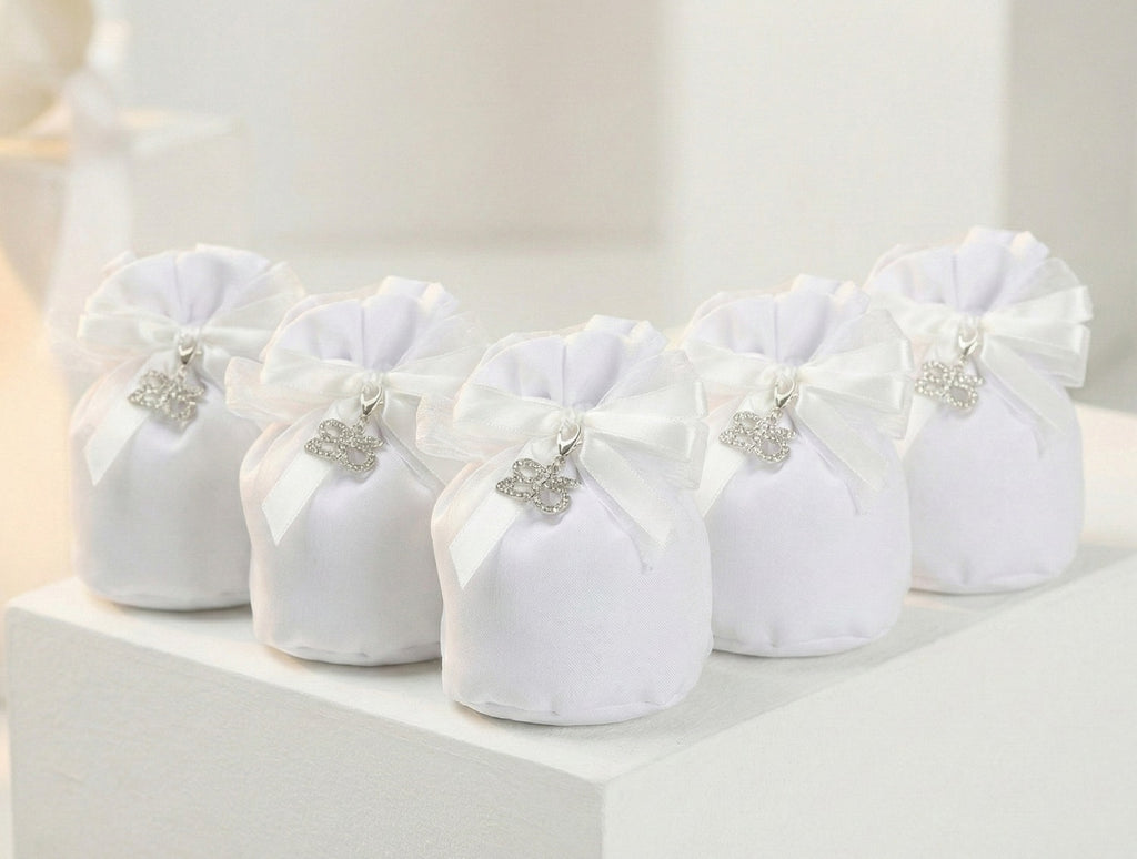 Set sacchettino silver porta confetti da 5 pz bomboniera per nozze d'argento, venticinquesimo, Harmony STMT26135