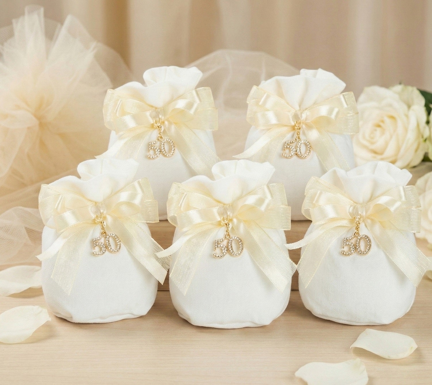 Set sacchetto porta confetti da 5 pz bomboniera per nozze d'oro, cinquantesimo, Harmony STMT26136