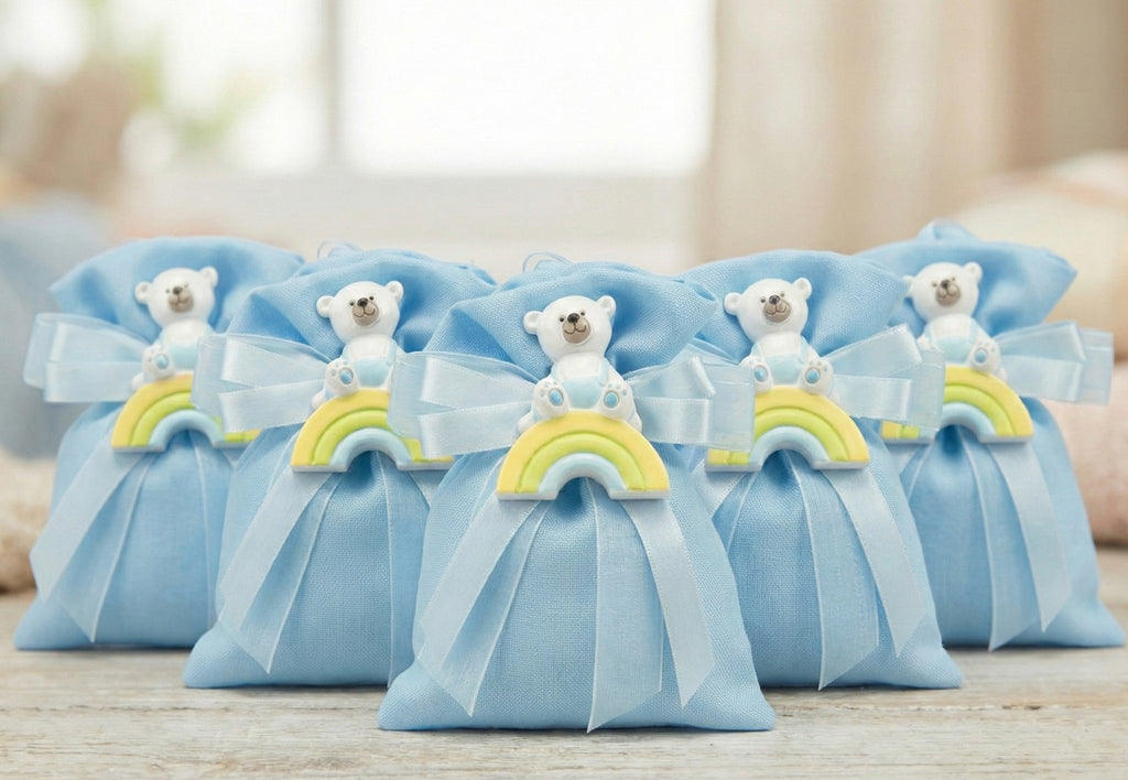 Set sacchetto celeste porta confetti da 5 pz con orsetto bomboniera per nascita, battesimo, Harmony STNB24089