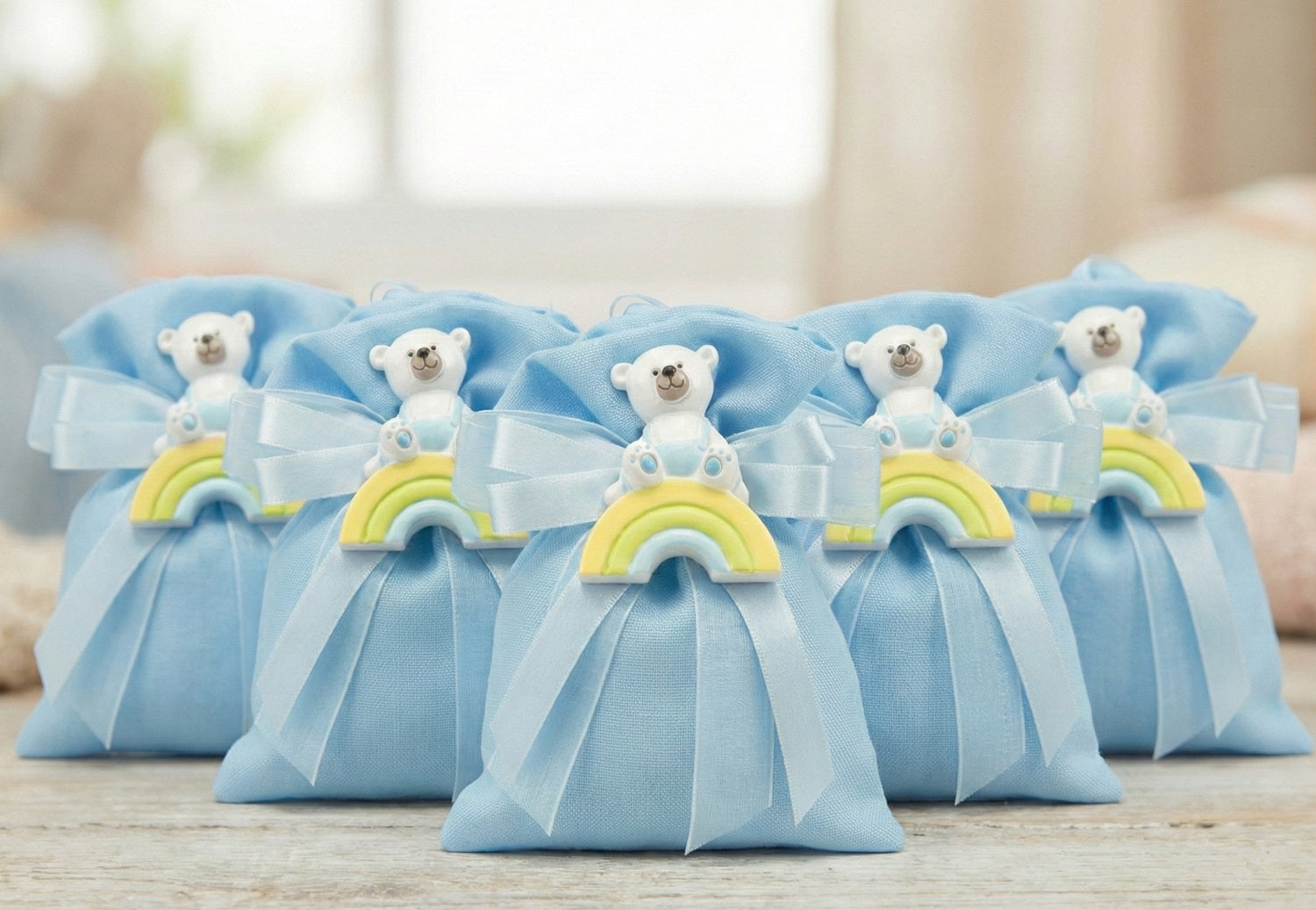 Set sacchetto celeste porta confetti da 5 pz con orsetto bomboniera per nascita, battesimo, Harmony STNB24089