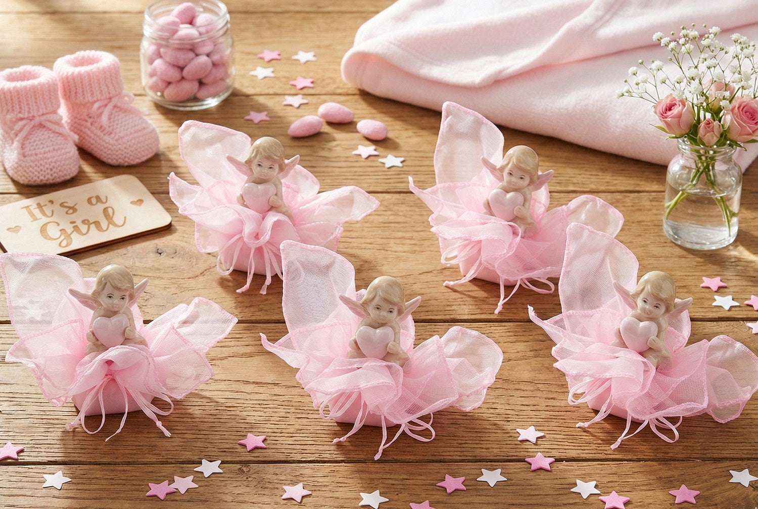 Set sacchettino rosa porta confetti da 5 pz bomboniera per nascita, battesimo, Harmony STNB24108