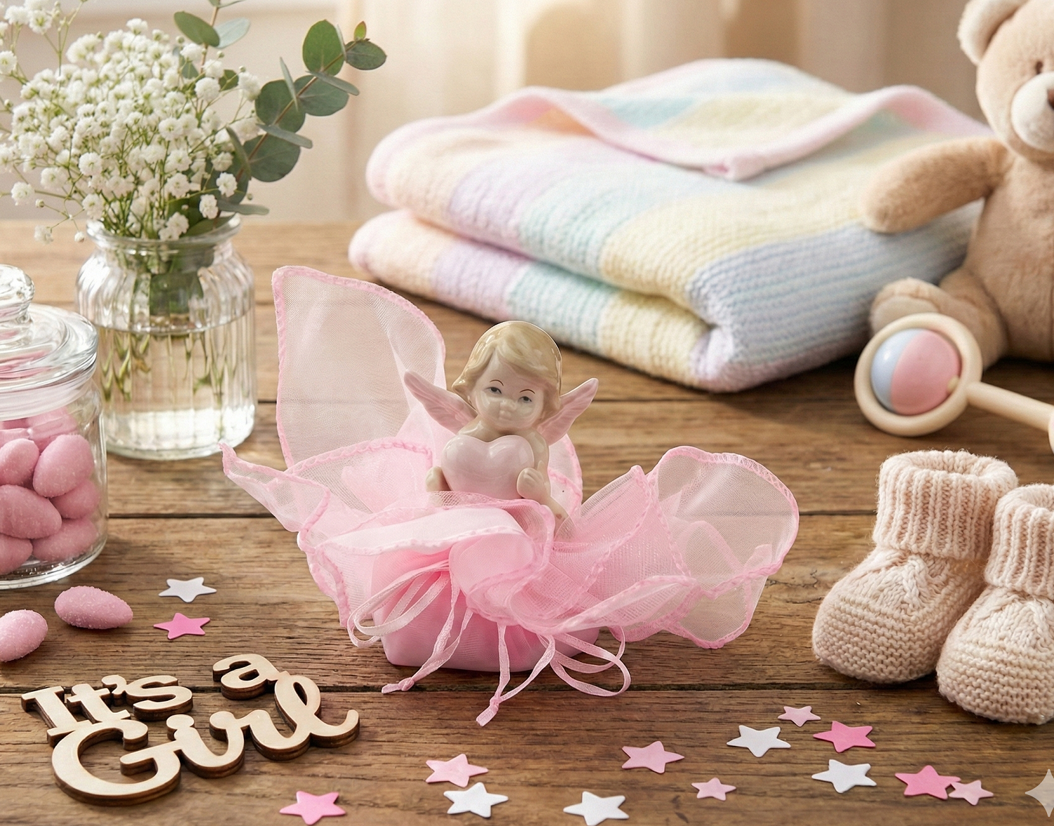Set sacchettino rosa porta confetti da 5 pz bomboniera per nascita, battesimo, Harmony STNB24108