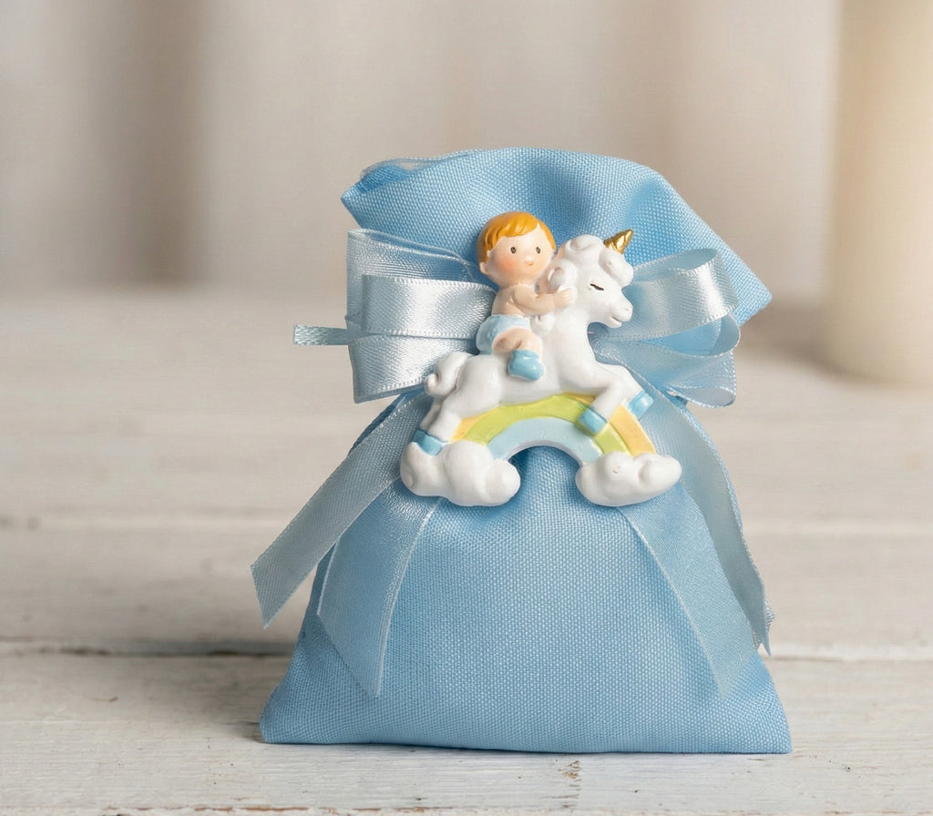 Set sacchetto porta confetti da 5 pz con bimbo e unicorno bomboniera per nascita, battesimo, Harmony STNB25086
