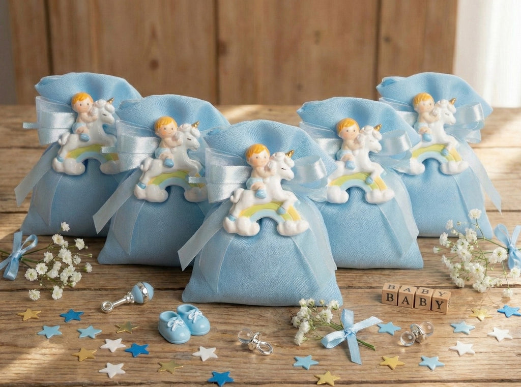Set sacchetto porta confetti da 5 pz con bimbo e unicorno bomboniera per nascita, battesimo, Harmony STNB25086