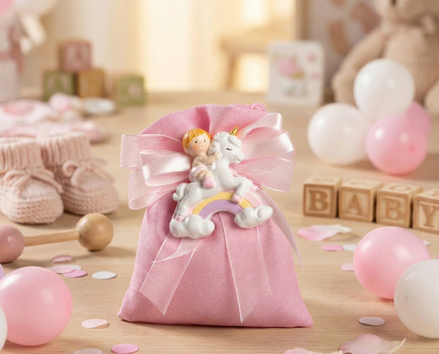 Set sacchettino rosa porta confetti da 5 pz bomboniera per nascita, battesimo, Harmony STNB25087