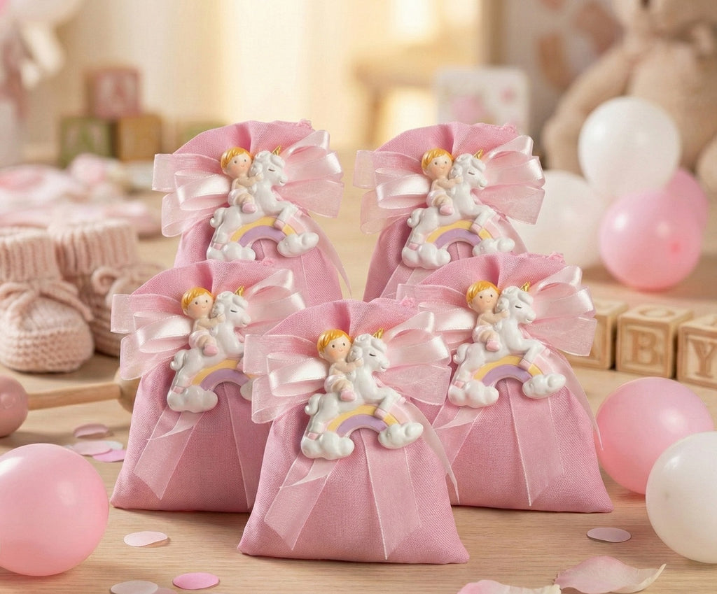 Set sacchettino rosa porta confetti da 5 pz bomboniera per nascita, battesimo, Harmony STNB25087