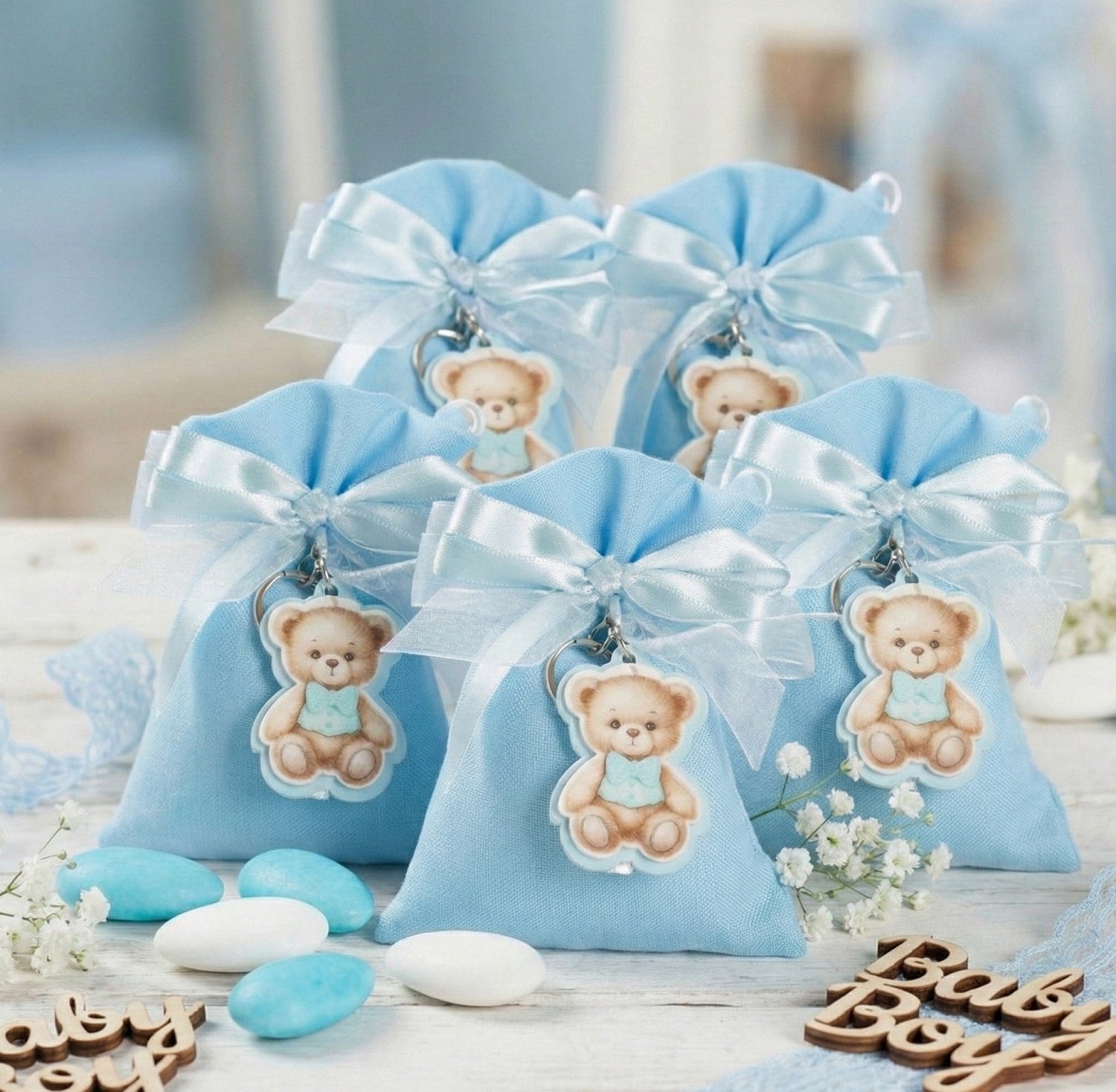 Set sacchetto porta confetti da 5 pz con orsetto bomboniera per nascita, battesimo, Harmony STNB26090