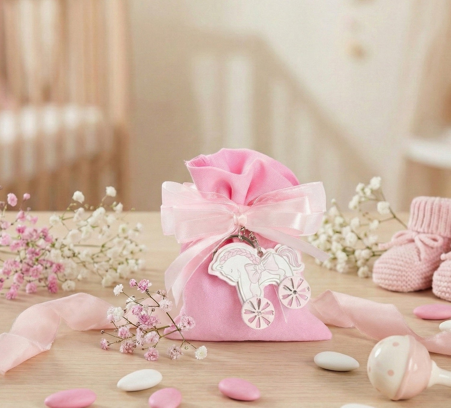 Set sacchettino rosa porta confetti da 5 pz bomboniera per nascita, battesimo, Harmony STNB26089