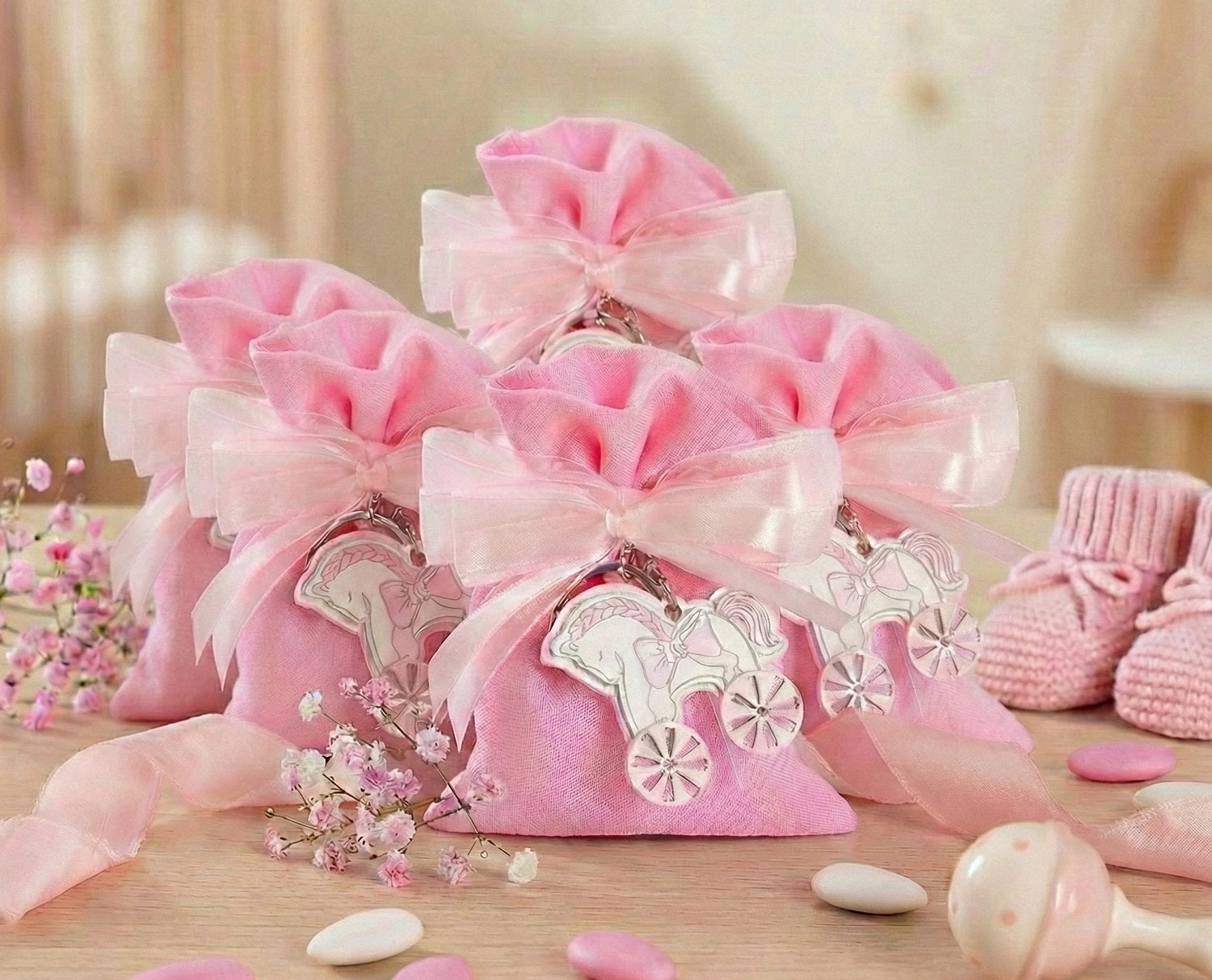 Set sacchettino rosa porta confetti da 5 pz bomboniera per nascita, battesimo, Harmony STNB26089