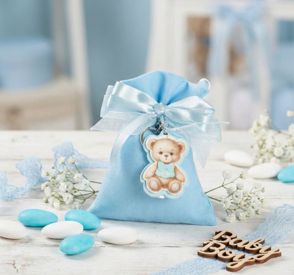 Set sacchetto porta confetti da 5 pz con orsetto bomboniera per nascita, battesimo, Harmony STNB26090